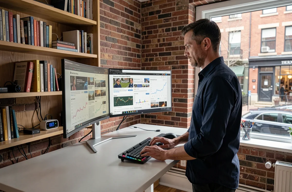 Homme travaillant sur plusieurs écrans avec des analyses numériques dans un bureau à domicile moderne, symbolisant la veille technologique