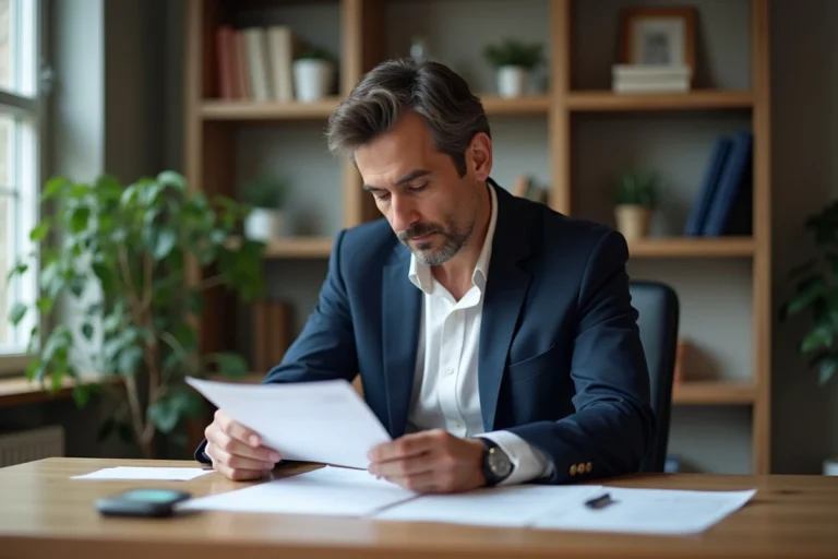 Homme d'âge moyen en costume lisant des documents financiers