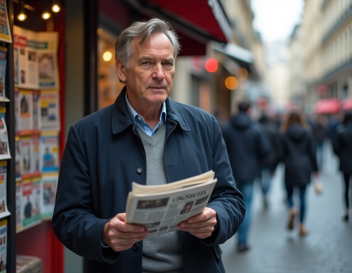 Homme lisant un journal papier devant un kiosque à journaux dans une rue parisienne