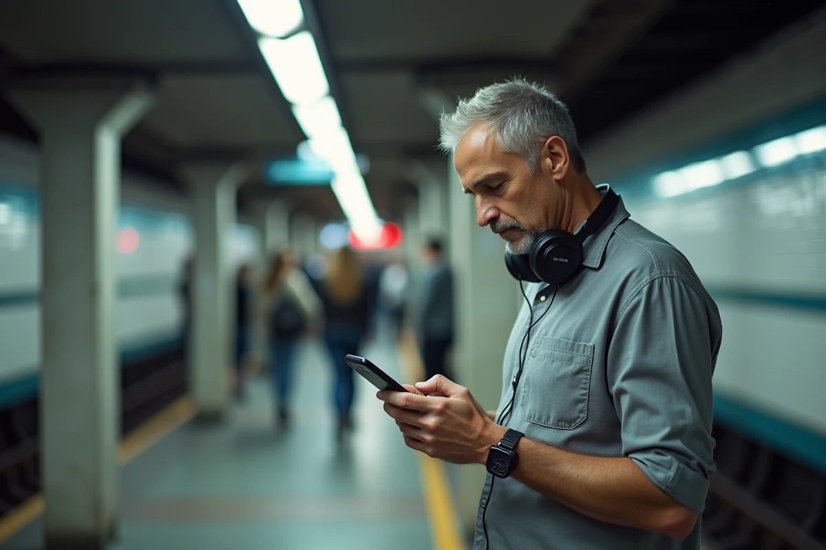 Homme écoutant une émission de radio en ligne sur smartphone dans une station de métro animée
