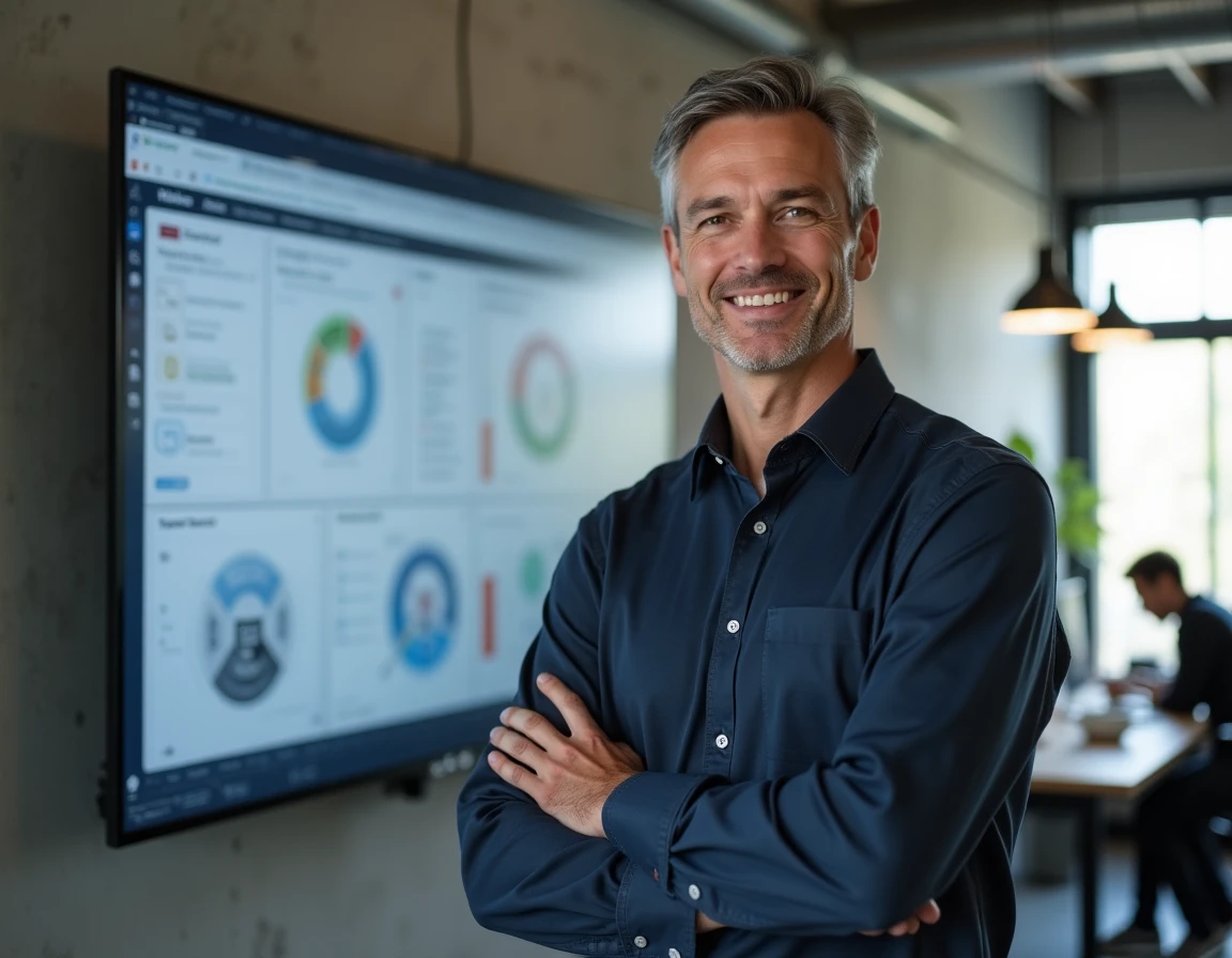 Homme présentant un tableau de bord de conception web responsive sur grand écran dans un open space professionnel