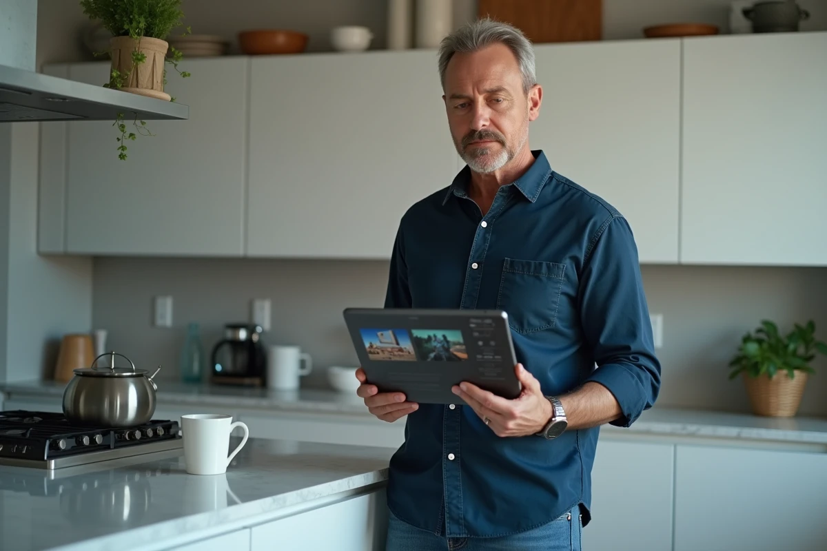Homme consultant une bibliothèque numérique légale sur une tablette dans une cuisine moderne