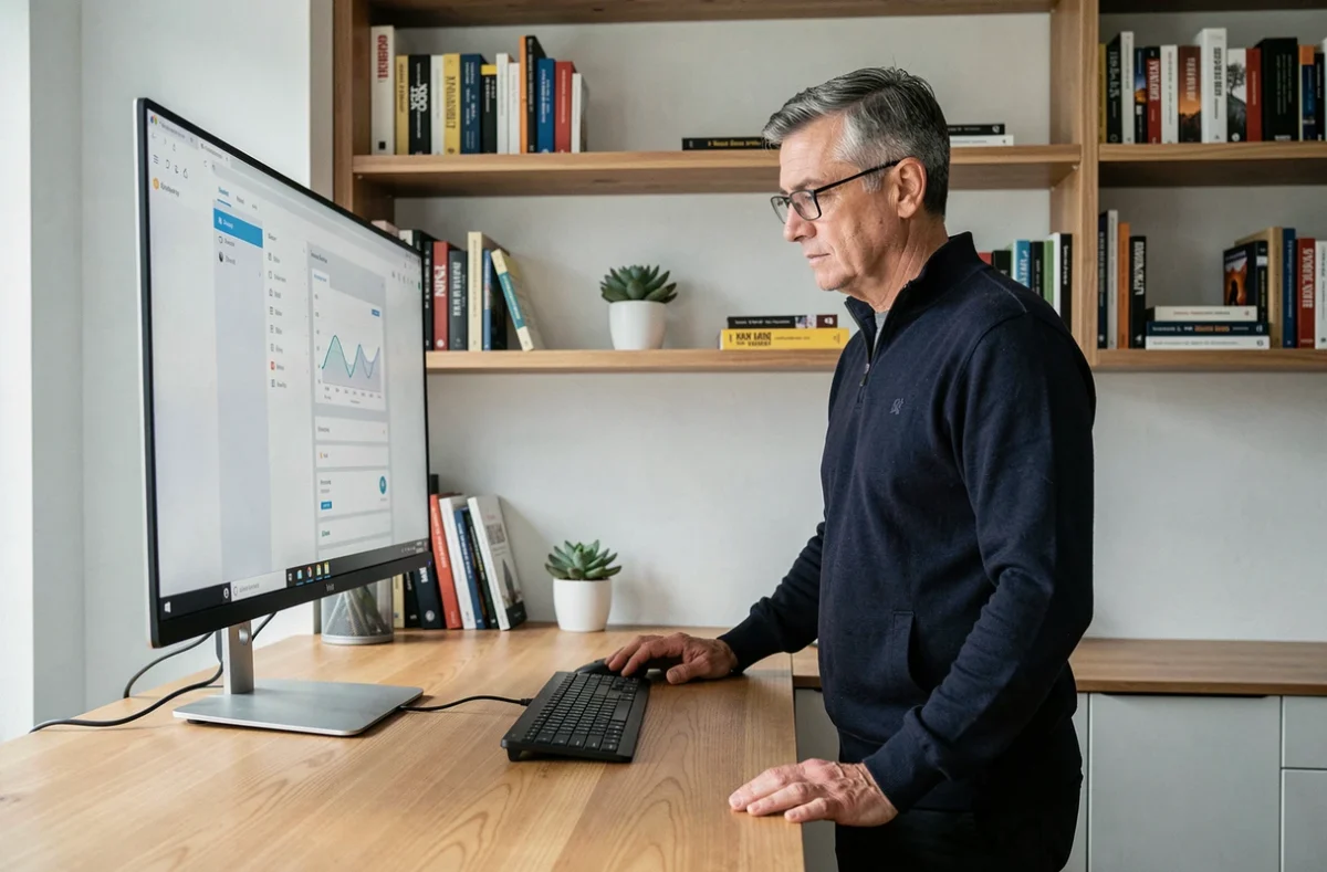 Homme en télétravail debout à son bureau analysant un tableau de bord ergonomique sur grand écran dans un bureau minimaliste