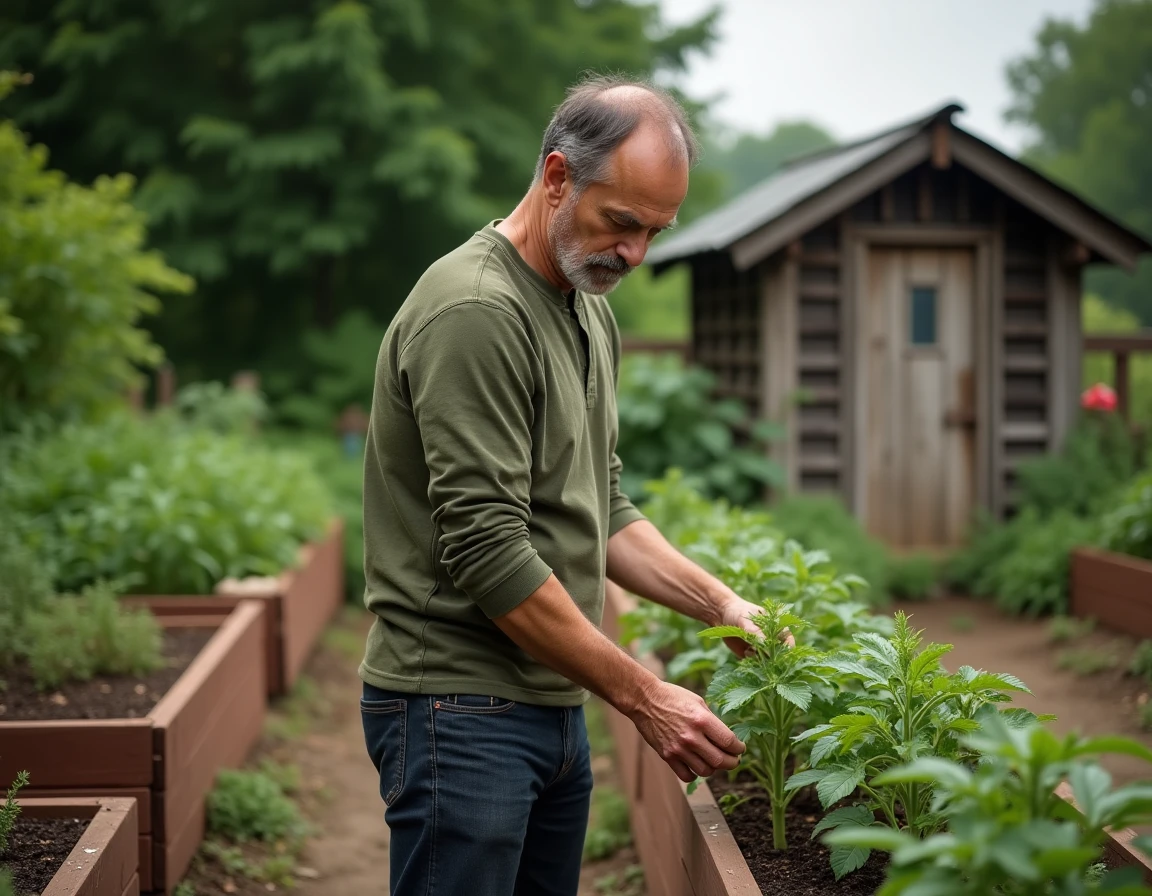 Homme épanoui jardinant dans un potager communautaire, illustrant une vie saine et connectée à la nature
