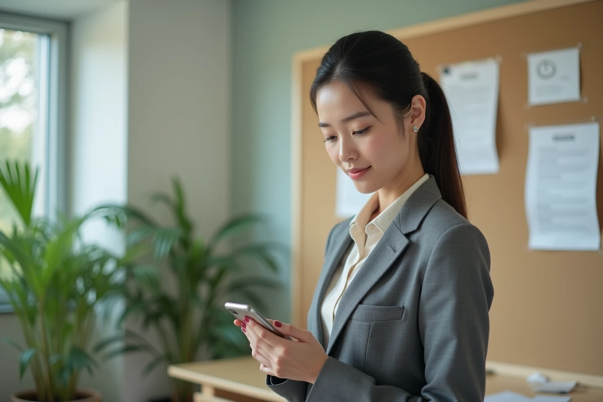 Jeune enseignante lisant un email dans la salle du personnel