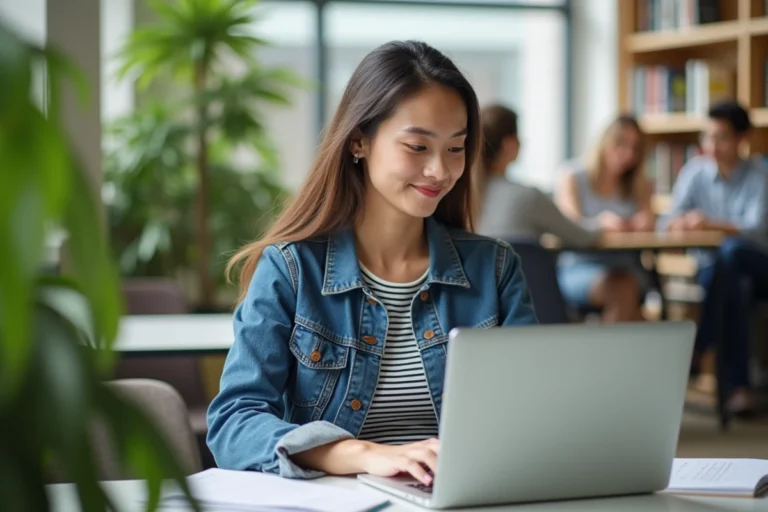 Jeune femme étudiante souriante dans une salle lumineuse