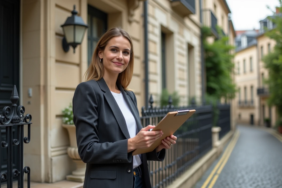Jeune femme vérifiant des détails immobiliers devant une maison en France