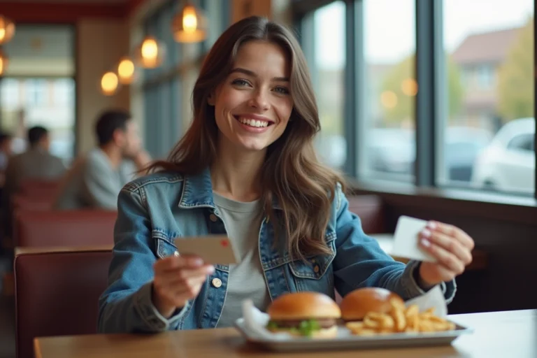 Jeune femme souriante avec cheque ANCV au restaurant