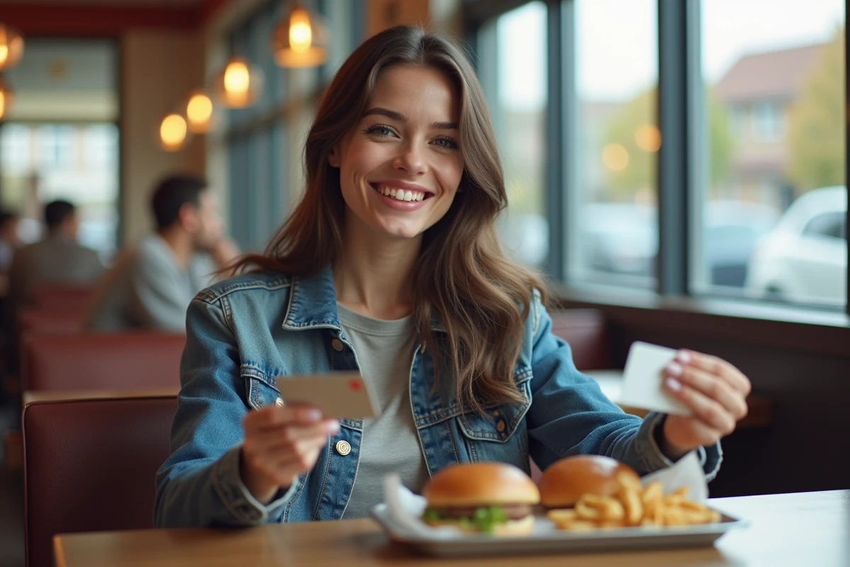 Jeune femme souriante avec cheque ANCV au restaurant