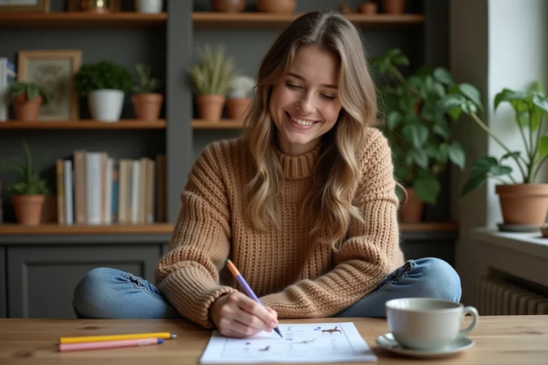 Jeune femme souriante faisant un quiz sur les animaux esprit à la maison