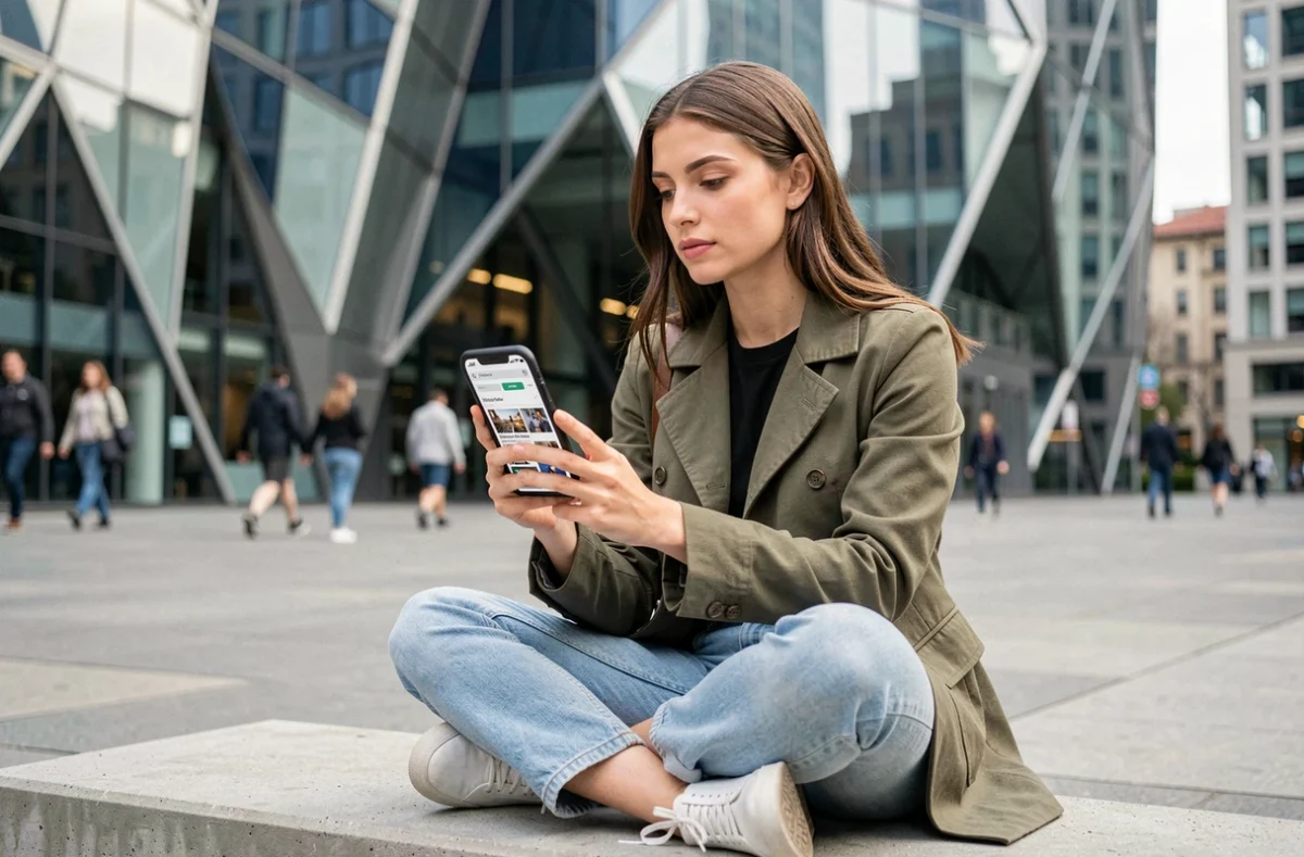 Jeune femme connectée lisant les dernières actualités numériques sur son smartphone dans un espace urbain moderne, illustrant l'information en temps réel