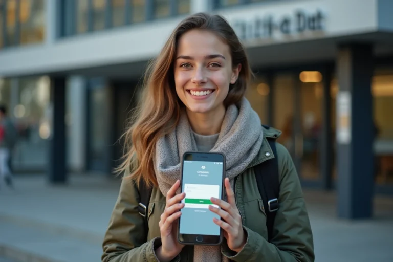 Jeune femme avec smartphone devant l'universite UFR de Sante