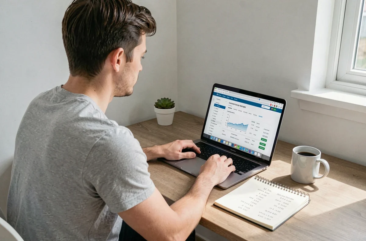 Jeune homme comparant des offres de crédit immobilier et de prêt à la consommation sur ordinateur portable