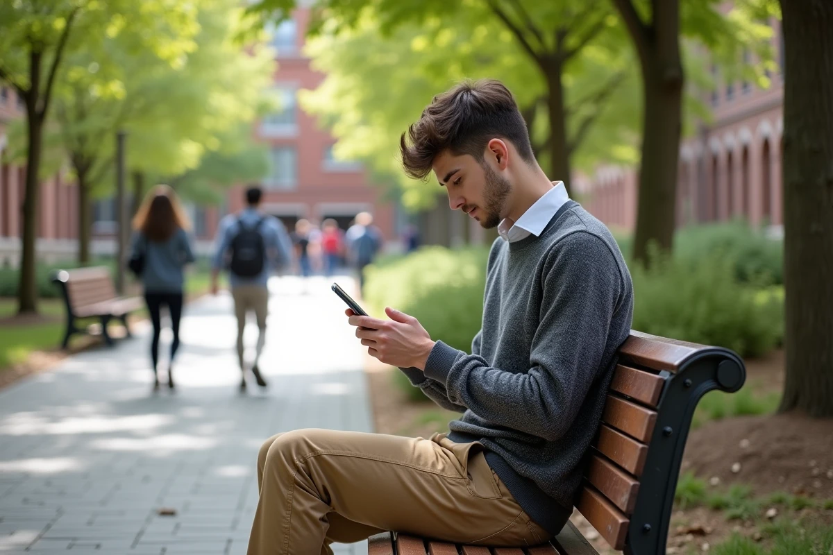 Jeune homme cherchant un emploi sur son smartphone en extérieur