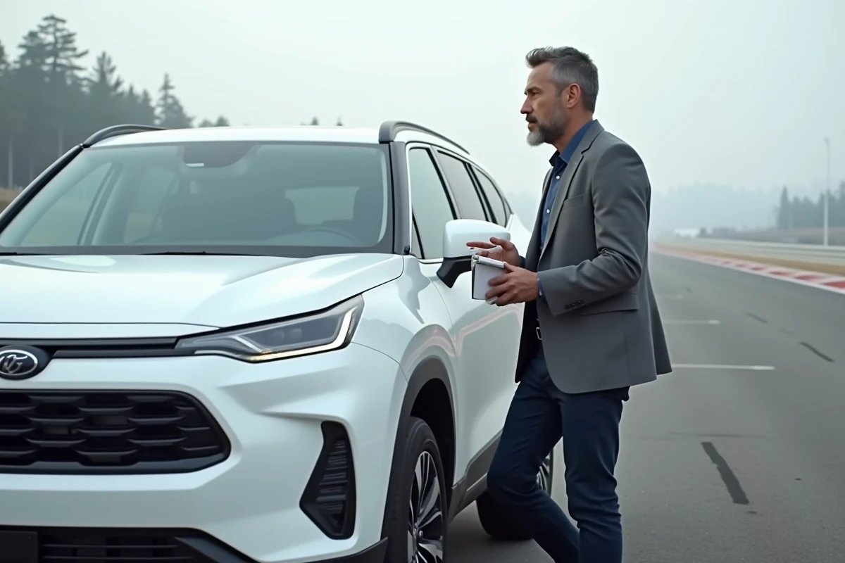 Journaliste automobile masculin prenant des notes appuyé contre un SUV blanc sur un circuit d'essai professionnel