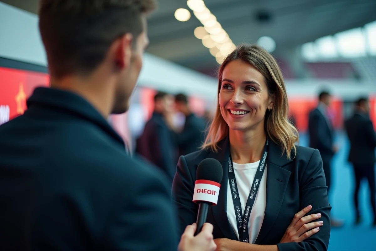 Journaliste interviewant un joueur de football en zone presse