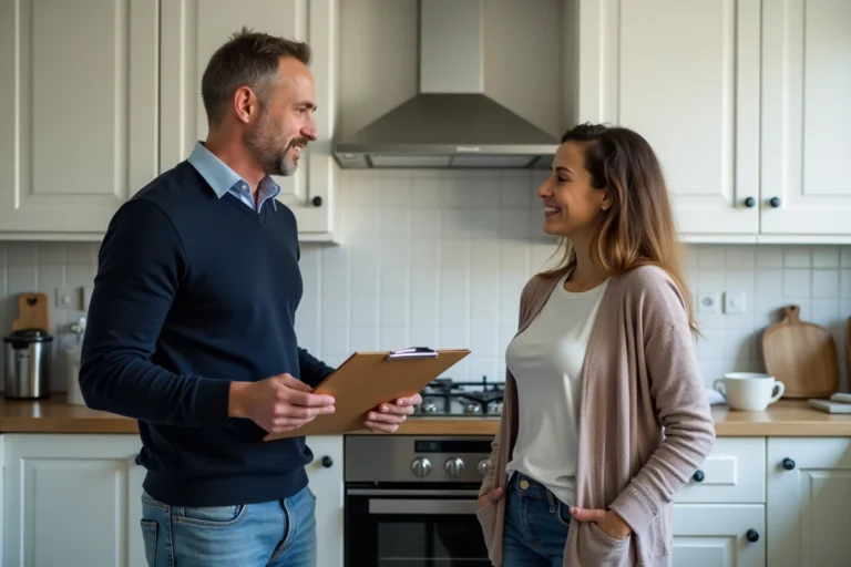 Propriétaire et locataire discutant dans une cuisine moderne