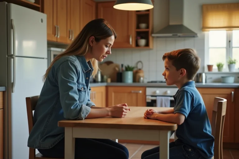 Maman et son enfant discutent calmement à la maison
