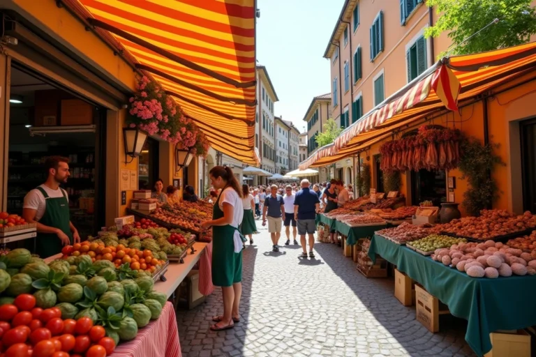 Marché de Bordighera en Ligurie avec étals colorés de fruits et légumes frais sous des auvents rayés