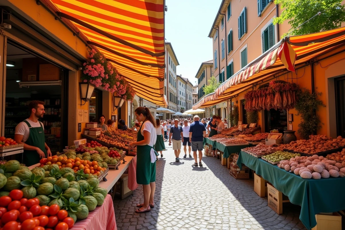 Marché de Bordighera en Ligurie avec étals colorés de fruits et légumes frais sous des auvents rayés