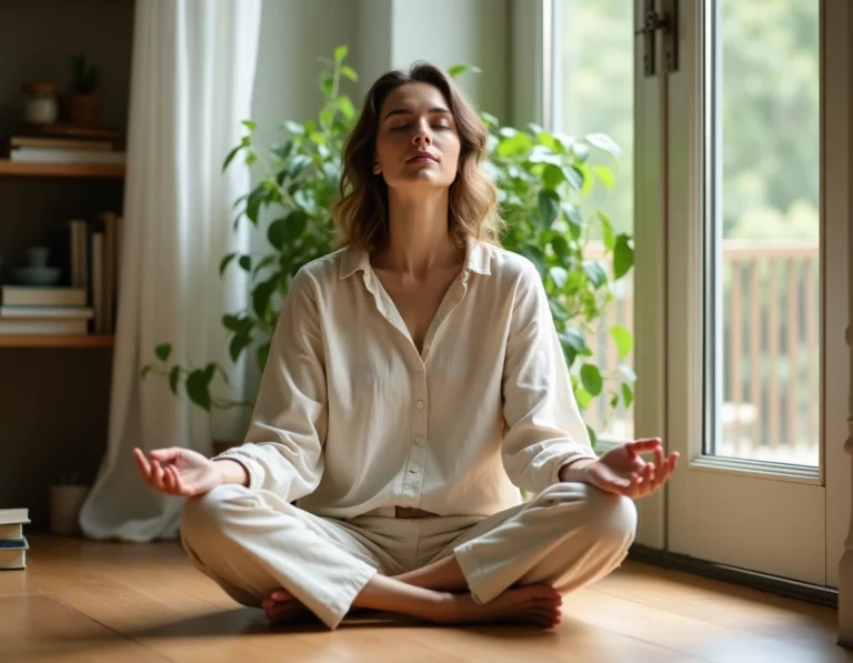 Femme sereine pratiquant la méditation chez elle sur un parquet en bois, dans une atmosphère calme et épanouissante
