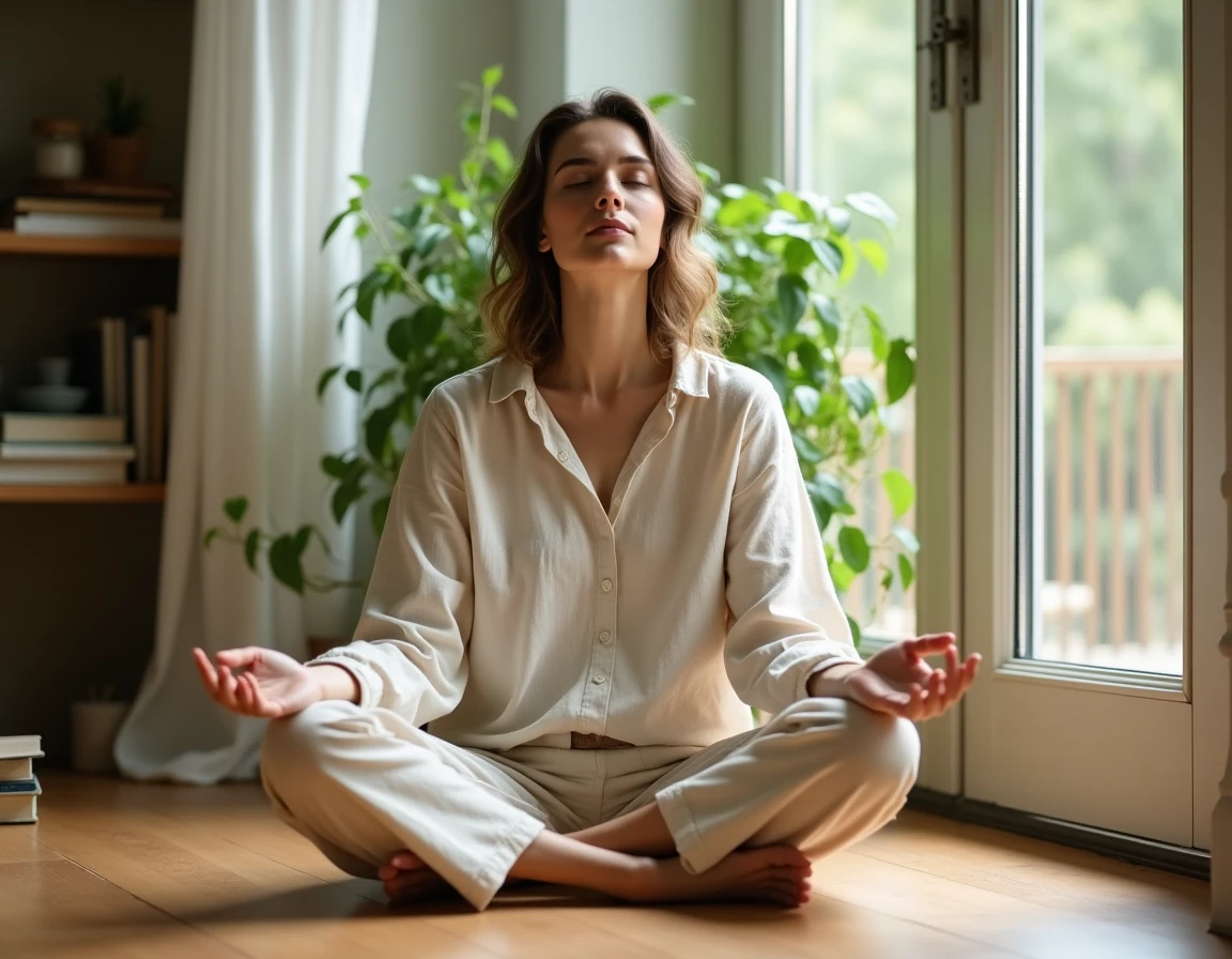Femme sereine pratiquant la méditation chez elle sur un parquet en bois, dans une atmosphère calme et épanouissante