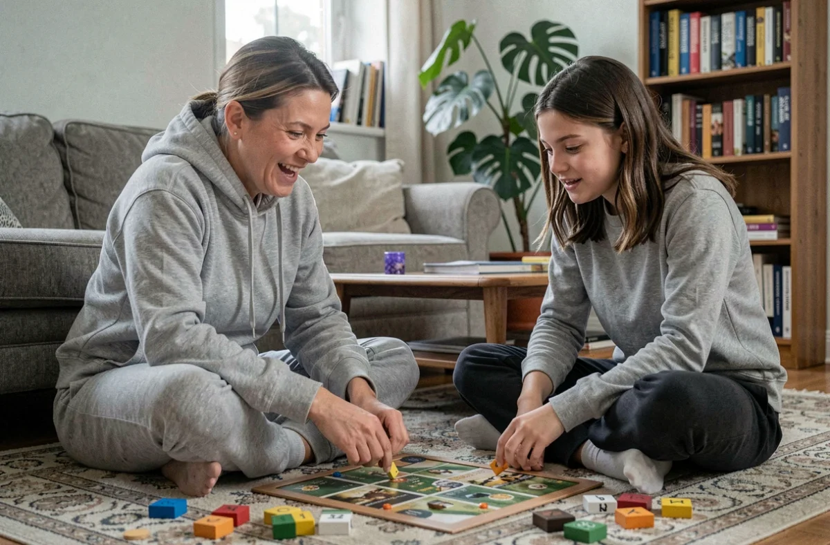 Mère et fille adolescente jouant à un jeu de société sur le tapis du salon dans une atmosphère familiale détendue et complice