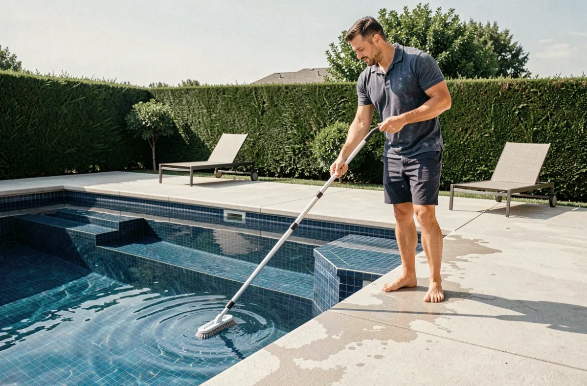 Homme entretenant les parois de sa piscine enterrée avec une brosse télescopique sur une terrasse moderne