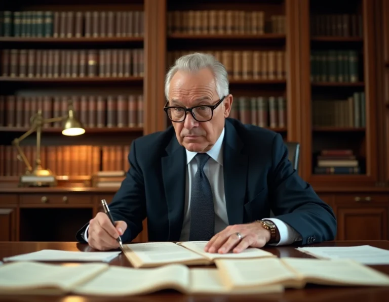 Notaire examinant un dossier de succession et des documents juridiques liés à l'action en réduction sur un bureau en acajou dans un cabinet notarial