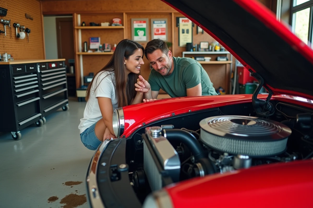 Couple de passionnés d'automobiles inspectant le moteur d'une voiture de sport rouge vintage dans un garage privé
