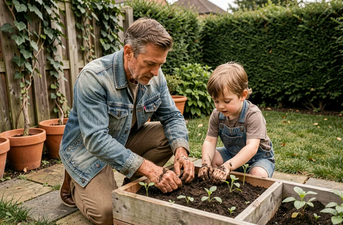 Père et fils plantant des semis ensemble dans un potager surélevé dans un jardin de maison individuelle, mains dans la terre