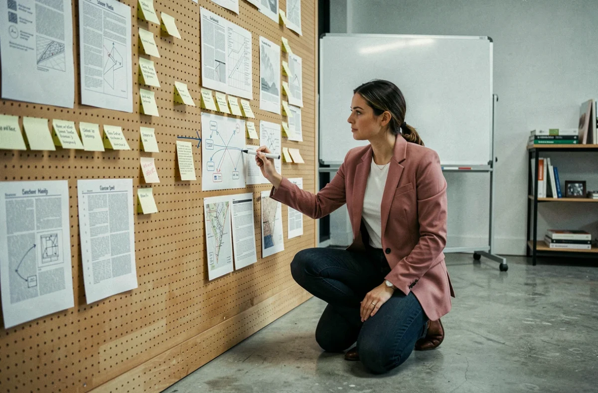 Femme créative planifiant la navigation d'un site féminin sur un tableau de post-it et wireframes