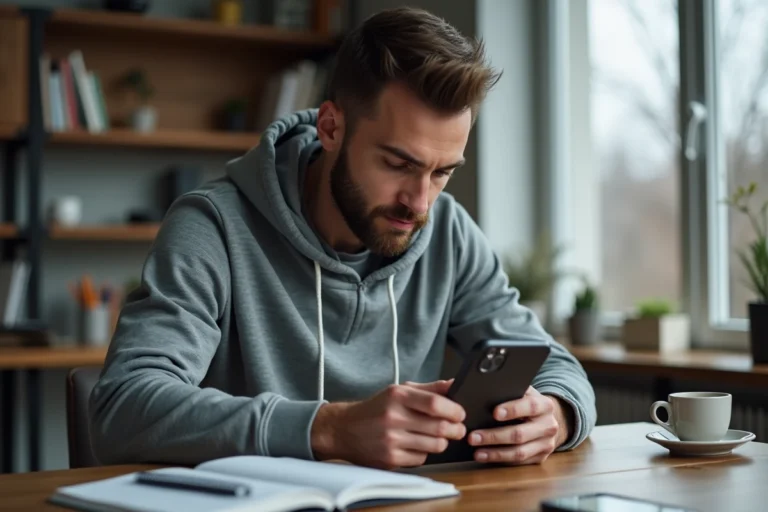Homme insérant un smartphone dans une pochette de blindage anti-détection sur un bureau de bureau à domicile