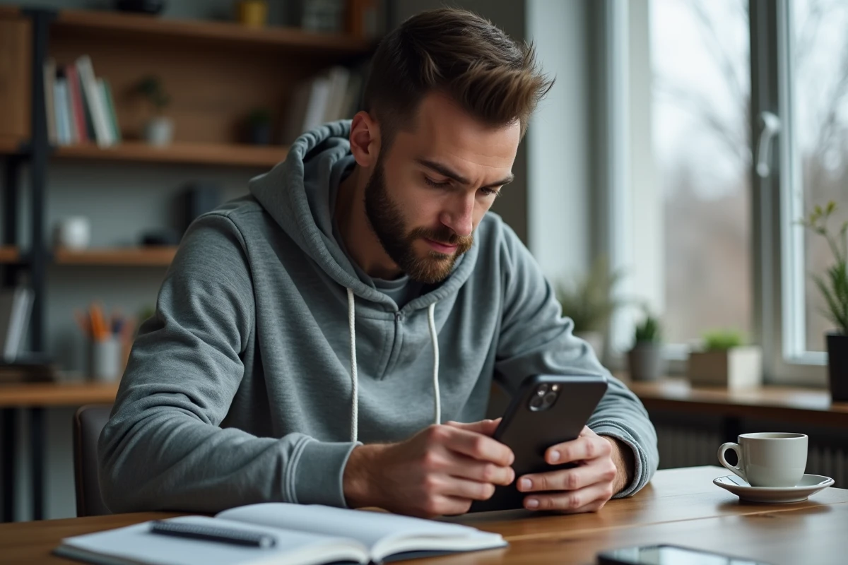 Homme insérant un smartphone dans une pochette de blindage anti-détection sur un bureau de bureau à domicile