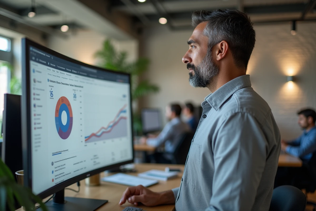 Professionnel masculin analysant un tableau de bord d'interface utilisateur dans un bureau moderne en open space