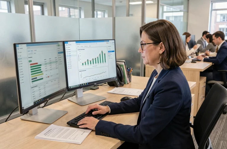 Responsable RH analysant des déclarations sociales sur un logiciel de gestion des cotisations en open space professionnel