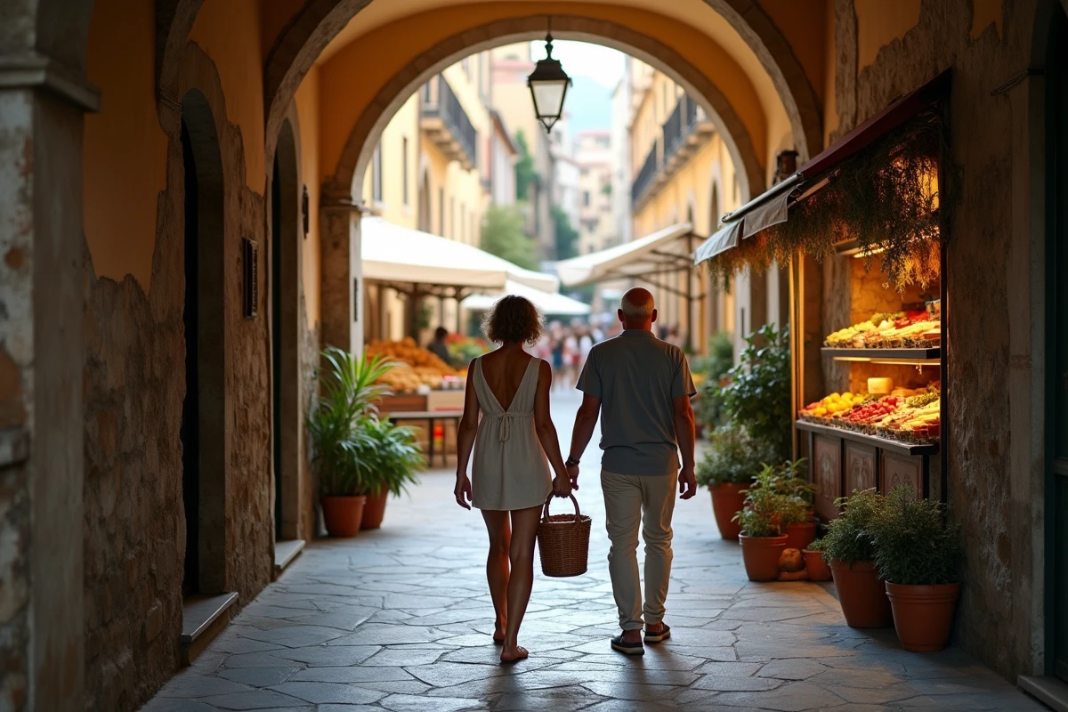 Ruelle du vieux Bordighera menant au marché avec un couple portant un panier en osier plein de produits frais