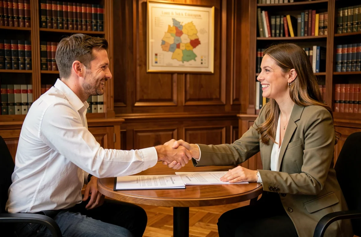 Deux entrepreneurs belges signant les documents officiels de création d'entreprise dans un bureau notarial à Bruxelles