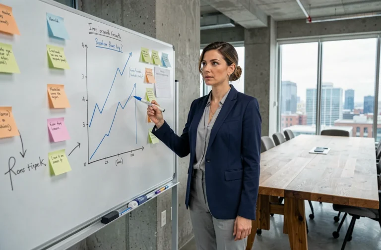 Femme d'affaires présentant une stratégie de développement d'entreprise sur un tableau blanc dans un bureau moderne