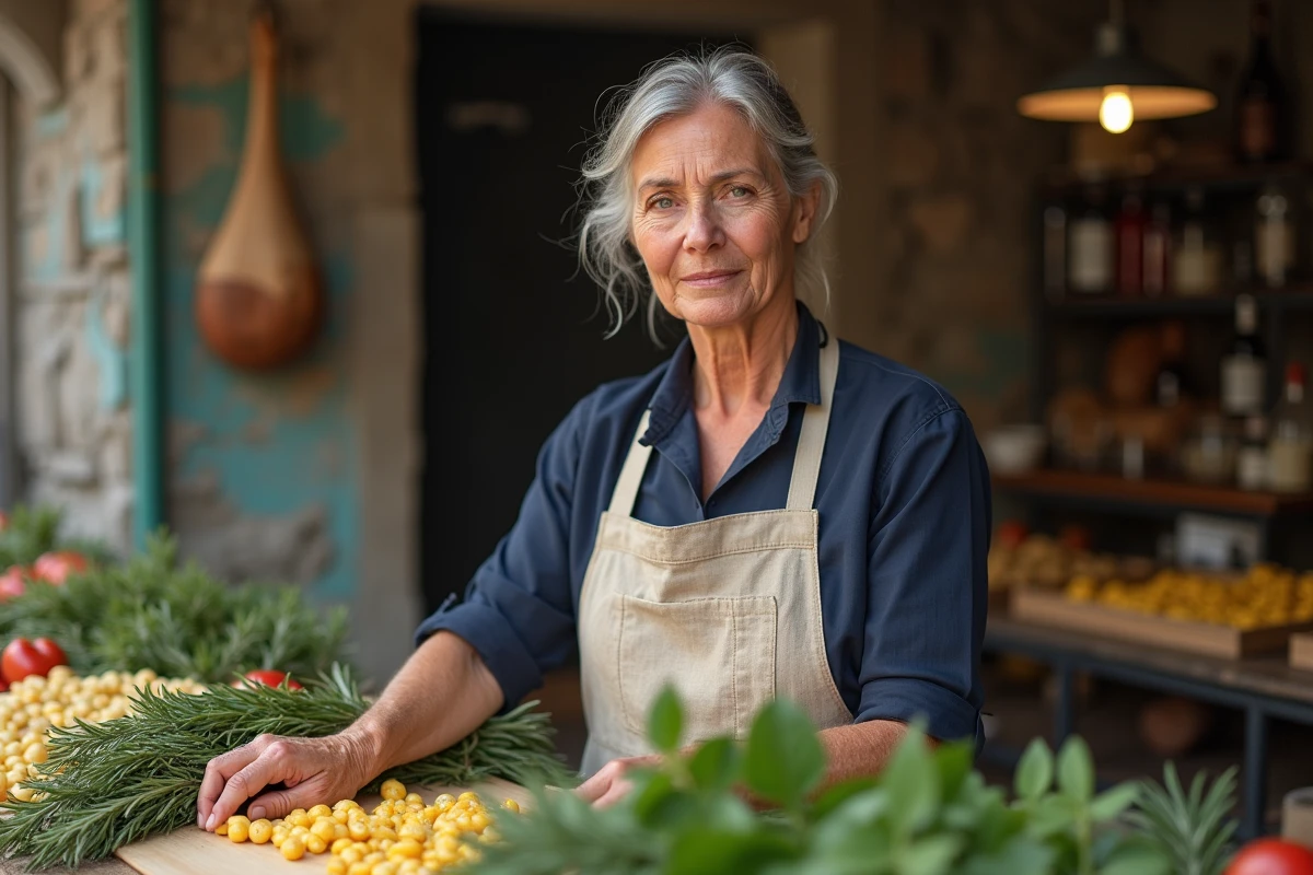 Vendeuse italienne au marché de Bordighera arrangeant des herbes fraîches et des pâtes artisanales sur un étal en bois
