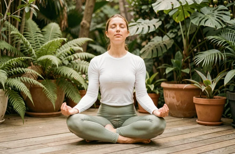 Femme pratiquant le yoga matinal sur une terrasse en bois entourée de verdure luxuriante, vêtue d'une tenue sportive verte et blanche dans une atmosphère zen et apaisante